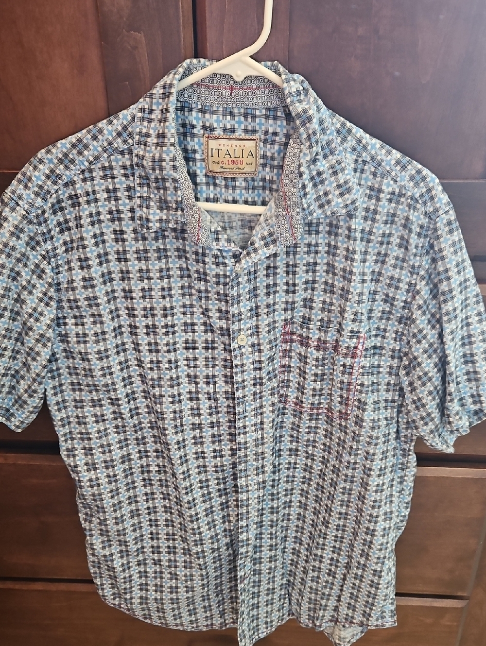 Vintage Italia Men's Short-Sleeve Plaid Button-Down Shirt — Blue & White